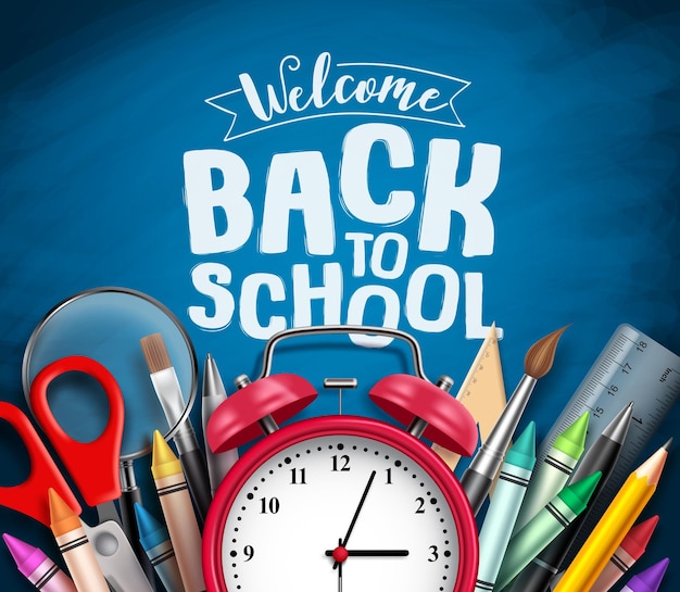 Back to school vector banner design with school items education elements alarm clock