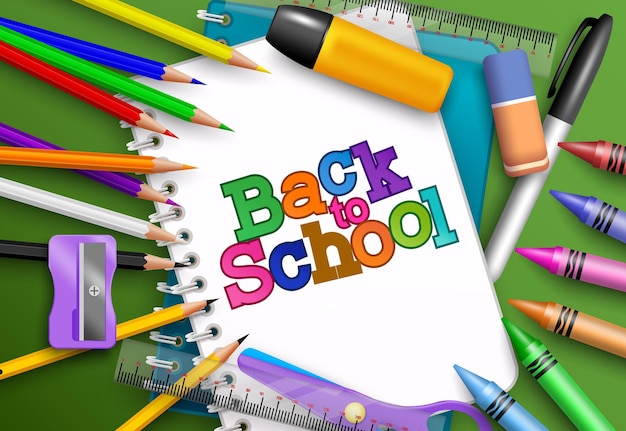 Back to school vector banner template. Back to school text with colorful education elements.