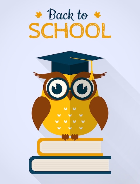 Vector back to school vector card with flat owl sitting on books.