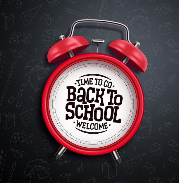 Back to school vector concept design Back to school greeting text with red alarm clock in black