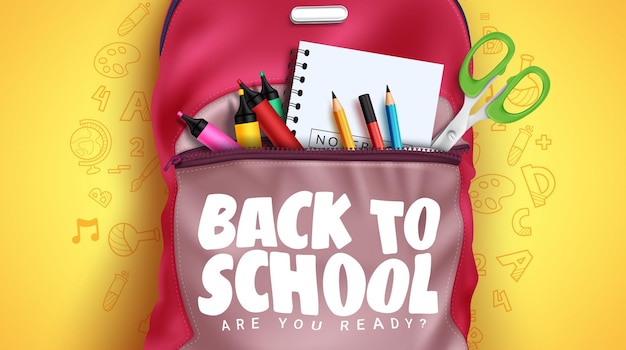 Back to school vector concept design back to school text in backpack bag and education supplies