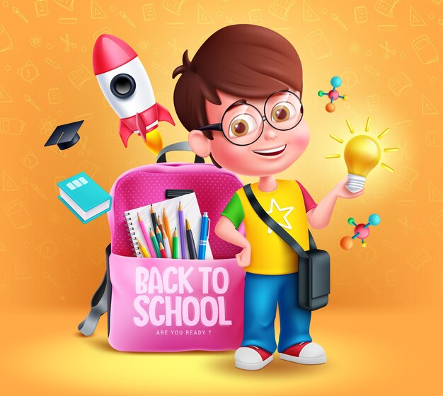 Back to school vector concept design schoolboy character with bag rocket and color pencil