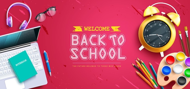 Vector back to school vector design back to school greeting text in red empty space with supplies items