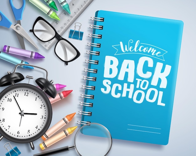 Back to school vector design with welcome back to school greeting text written in notebook