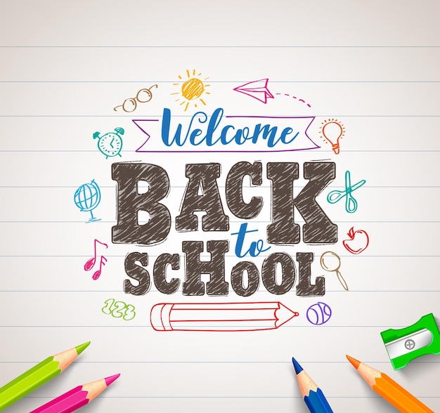 Back to school vector drawing in white paper with colorful crayons coloring pens and elements