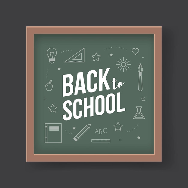 Vector back to school. vector flat illustrations. drawn chalk school elements on green blackboard with text. green chalkboard in brown wooden frame isolated on black background.