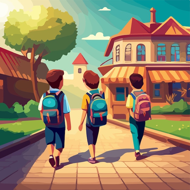 Back to school vector illustration background happy little boy and girl is going to school for the