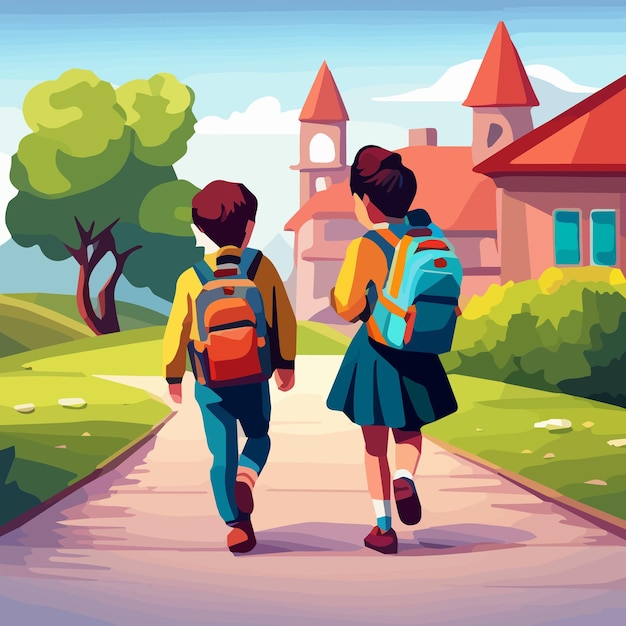 Vettore ritorno a scuola sullo sfondo dell'illustrazione vettoriale un ragazzino e una ragazza felici stanno andando a scuola per il
