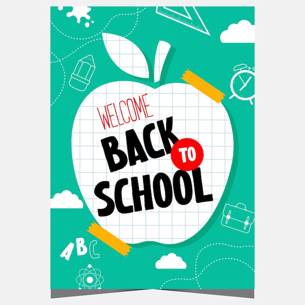 Back to school vector illustration with checkered exercise book with apple and school supplies