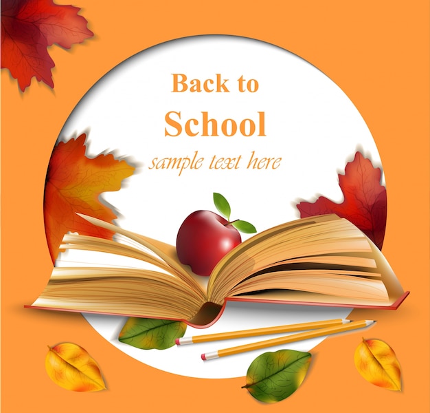 Torna al vettore della scuola. libri di cornice rotonda e foglie di autunno sfondo