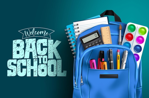 Back to school vector template design Welcome back to school text with educational supplies