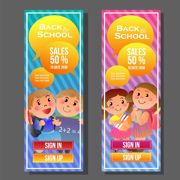 Back to school vertical banner colorful student cartoon