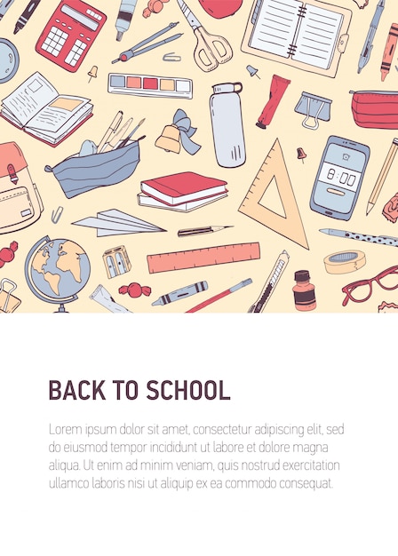 Back to school vertical flyer or poster template with place for text and decorated by pattern or texture with stationery.