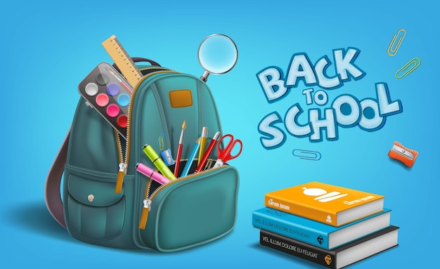 Back to school with backpack and notepad pen colors ruler scissors magnifier eraser clip