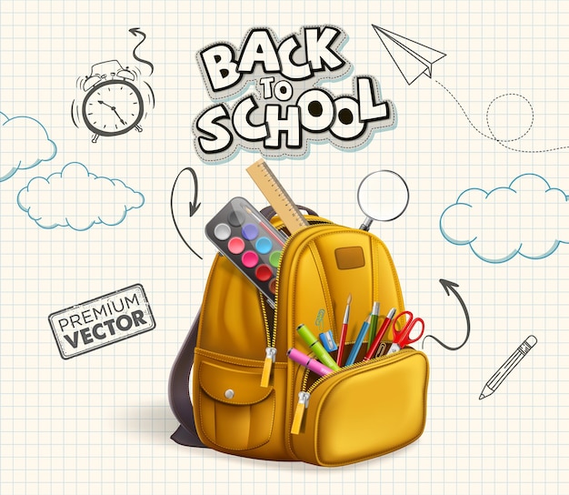 Back to school with backpack and notepad pen colors ruler scissors magnifier eraser clip