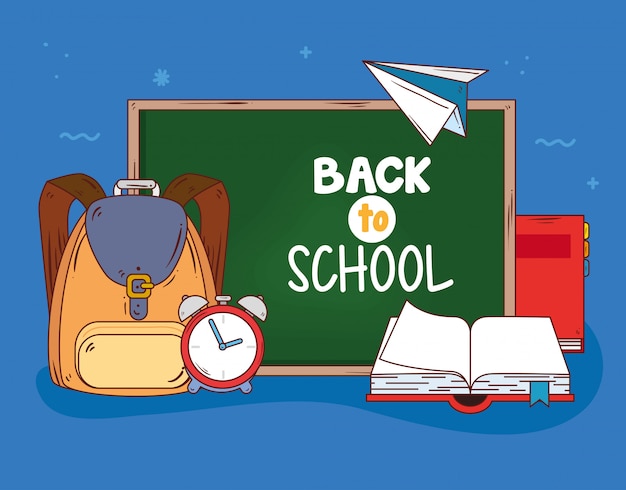 back to school with chalkboard and supplies education vector illustration design