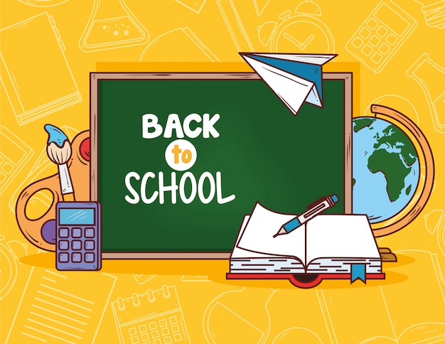 Back to school with chalkboard and supplies education vector illustration design