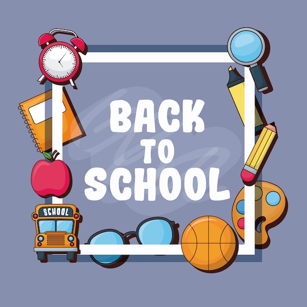 Vector back to school with decorative frame of school related icons around over gray background