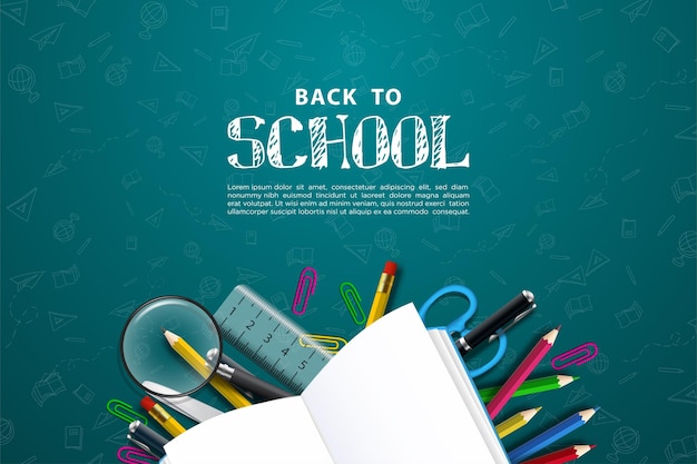 Back to school with illustration of school supplies on a gray background