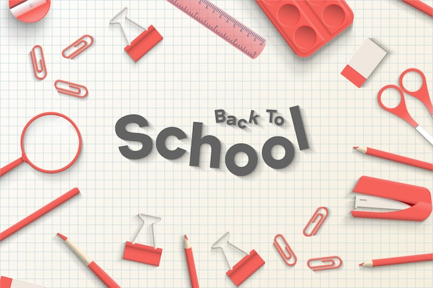 Back to school with red stationery illustration on a white paper background.