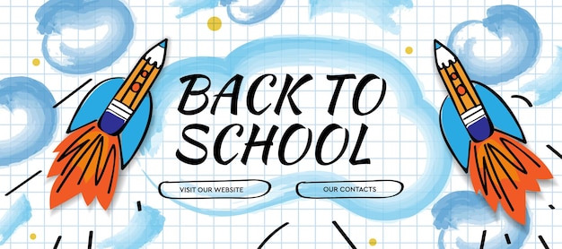 Back to school with rocket doddle and watercolor clouds vector illustration banner