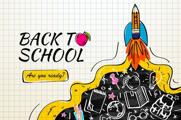 Vector back to school with rocket and doodles on checkered background landing page template vector image