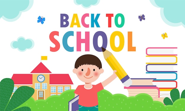 back to school with school kids and education concept cartoon happy children background banner