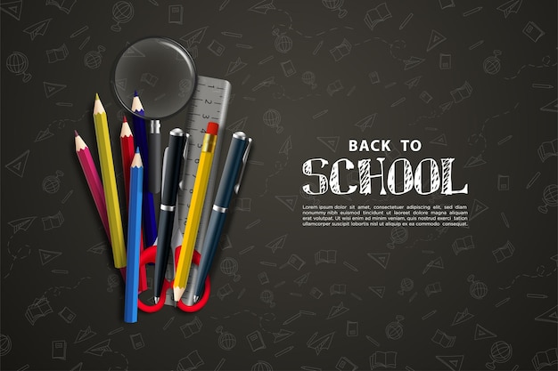 Back to school with school supplies on the blackboard