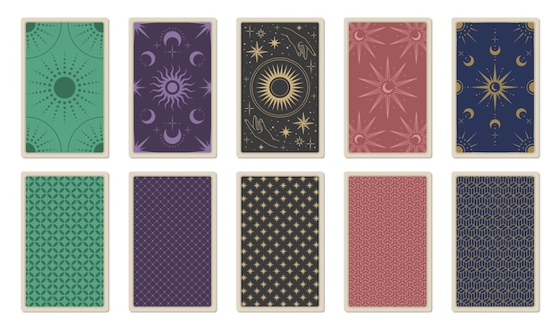타로카드 뒷면. 태양, 달, 별, 손, 장식 및 패턴이 있는 카드 데크용 벡터 템플릿입니다. 마법과 신비로운 디자인 요소. 점성술과 밀교를 위한 카드.