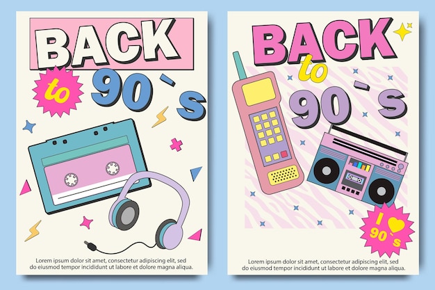 Back to 90s posters set 90s grafisch ontwerp sjabloon poster sjablonen met gelukkige jaren negentig symbolen