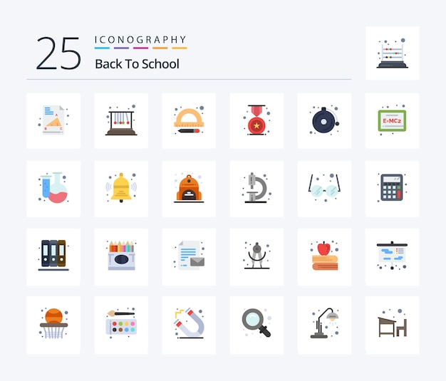 Back to school 25 flat color icon pack inclusief bord bel liniaal alarmonderwijs