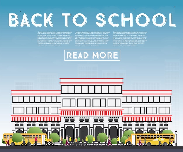 Обратно в школу. баннер со школьным автобусом, зданием и студентами. векторные иллюстрации.