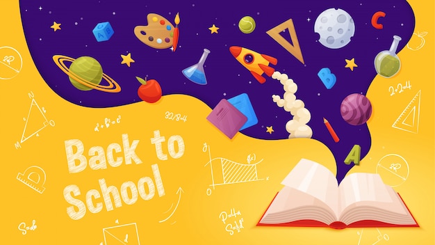 Обратно в школу. мультяшный и красочный стиль. открытая книга с летающими элементами: планеты, ракеты, звезды, буквы, краски, линейка, блокнот, карандаш.