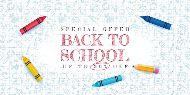 Vector back to school concept banner met doodle achtergrond en cartoon 3d potlood vector illustratie