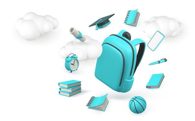 Вектор Вернуться к школьной концепции школьная сумка с книжным карандашом, будильником, выпускной кепкой и дипломом векторная иллюстрация