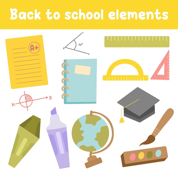 Back-to-school elementen set School en onderwijs items Set van benodigdheden en schrijfwaren