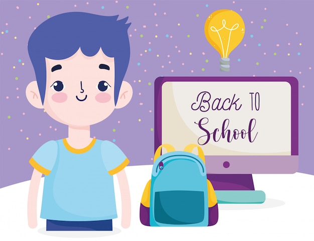 Снова в школу, рюкзак мальчика студента и компьютерную иллюстрацию шаржа начального образования