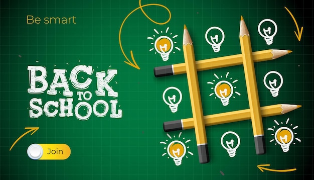 ベクトル 三目並べゲーム、鉛筆、電球、緑のチェッカー ボード、ベクトルと学校のテンプレートに戻る