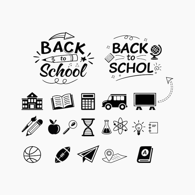 Vector back to school text designs with school icon silhouettes in black style