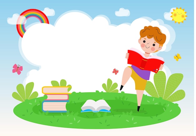 Обратно в школу со школьниками, читающими книгу концепция образования, мультфильм счастливые дети фон