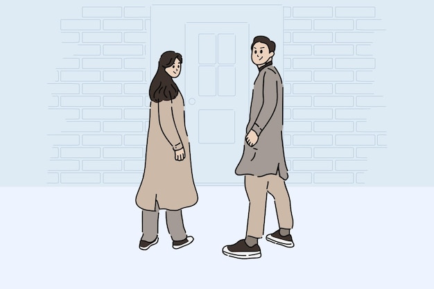 Vector back view of a couple pose in front of door. hand drawn style vector illustration of happy young couple