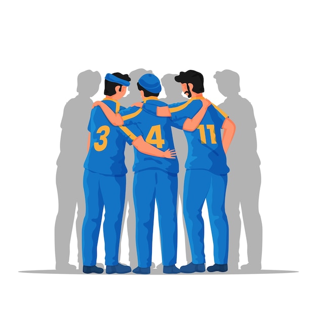 Vector back view of cricket players standing together on white background