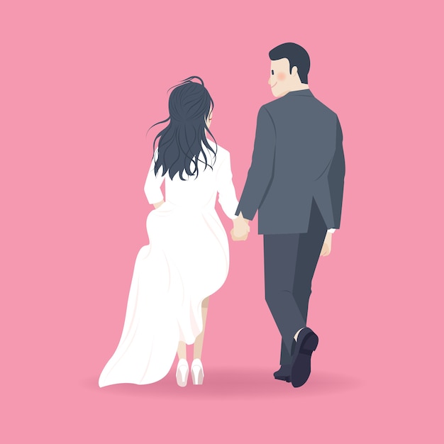 Vector back view of cute couple holding hands illustration with affection look