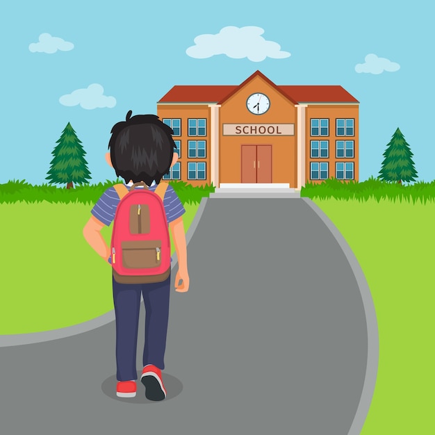 学校への道を歩いているバックパックとかわいい男の子の学生の背面図