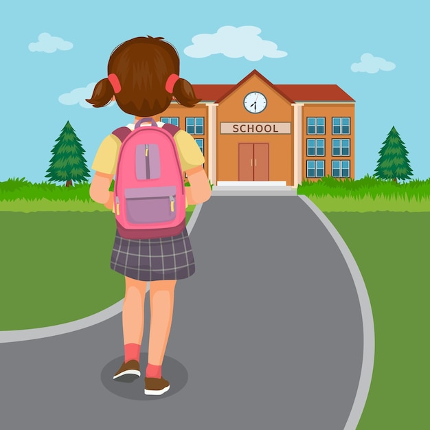 Vector back view of cute little girl student with backpack walking on the road to school