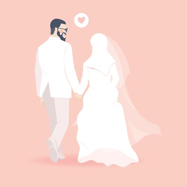 Back view of Cute Muslim wedding couple holding hands Illustration with affection look