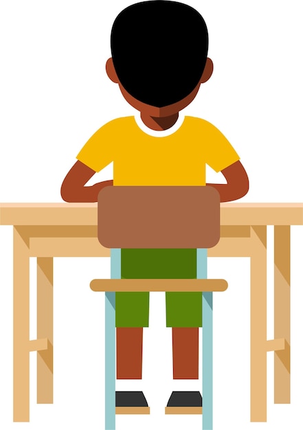 Back view elementary school student black boy sitting at desk