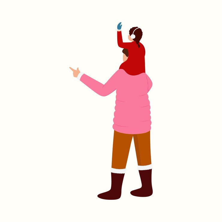 Vector back view of girl sitting on shoulders of her father on white background