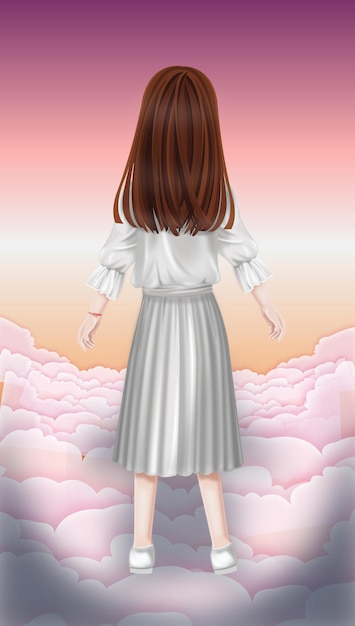 A back view of a girl wearing a shiny silky white dress outfit staring into the evening space