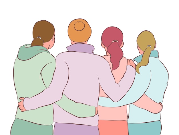 Back view group of friends holding each other friendship day illustration